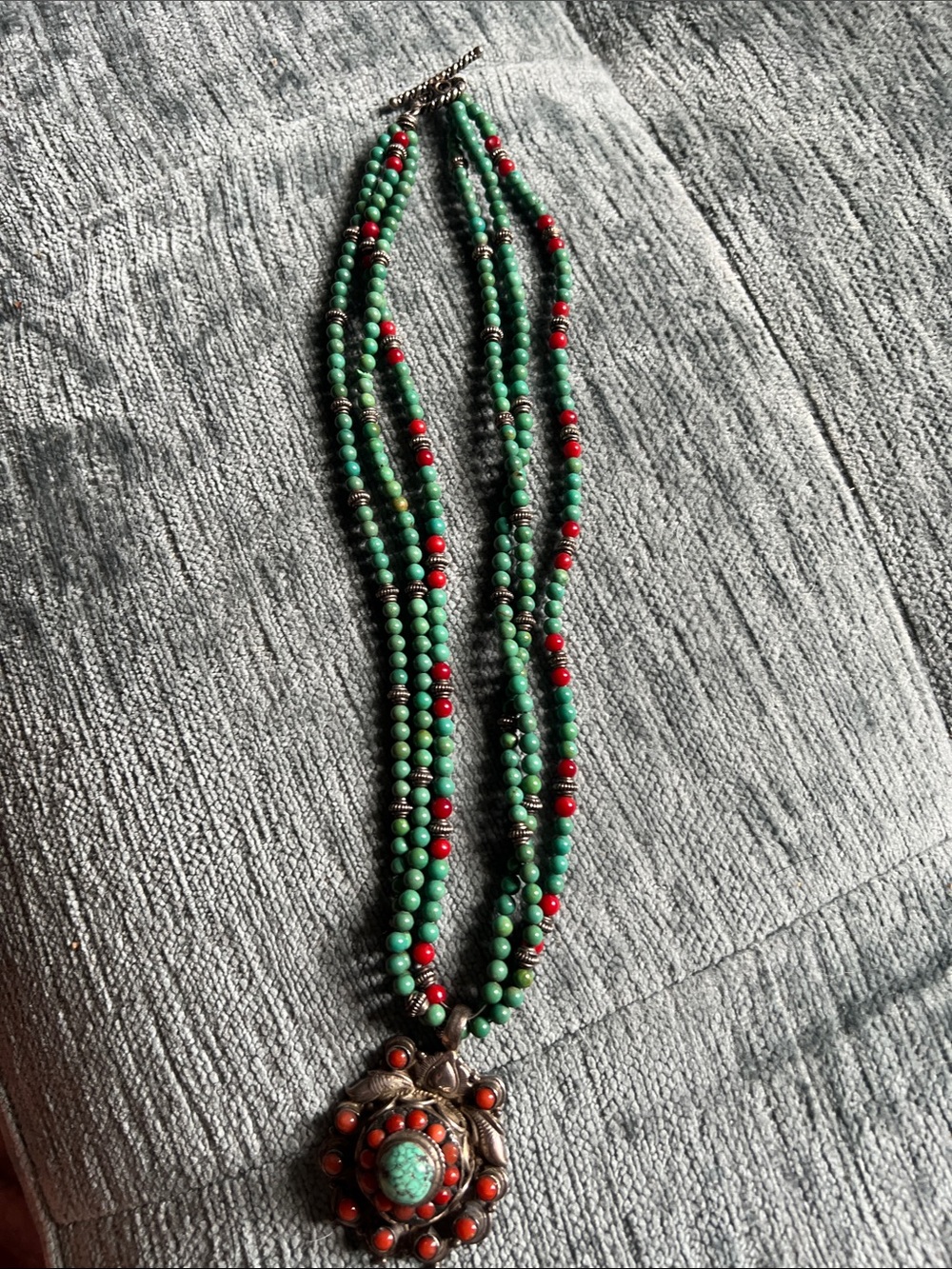 Multi-Strand Green and Red Beaded Necklace with Turquoise-Style Pendant.Sterling